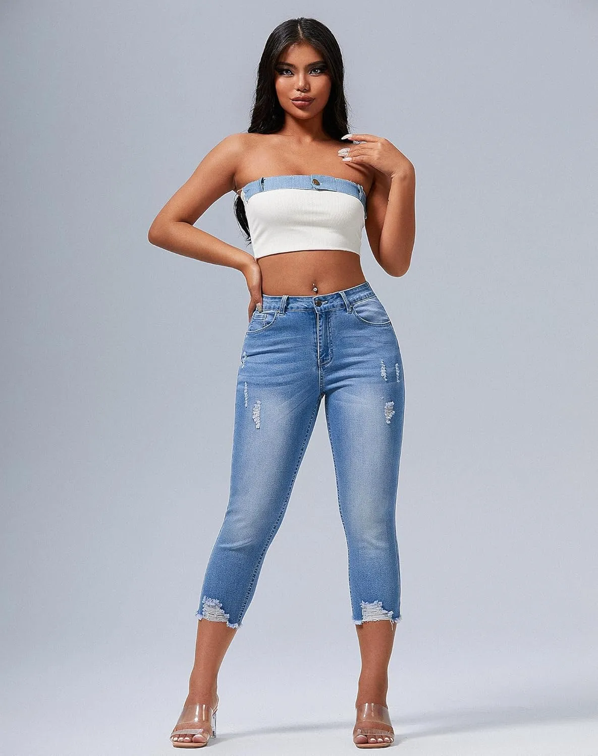 roswear Women's Capri Pants Mid Rise Skinny Ripped Stretchy Cropped Distressed Jeans