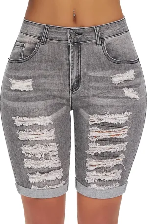 roswear Women's Distressed Knee Length Ripped Stretchy Jean Shorts