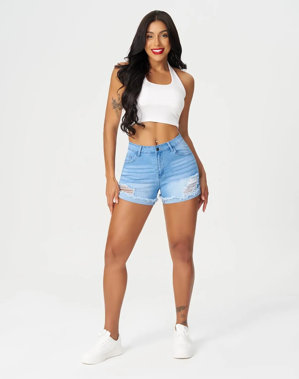 roswear Women's Ripped Mid Rise Stretchy Denim Jeans Shorts