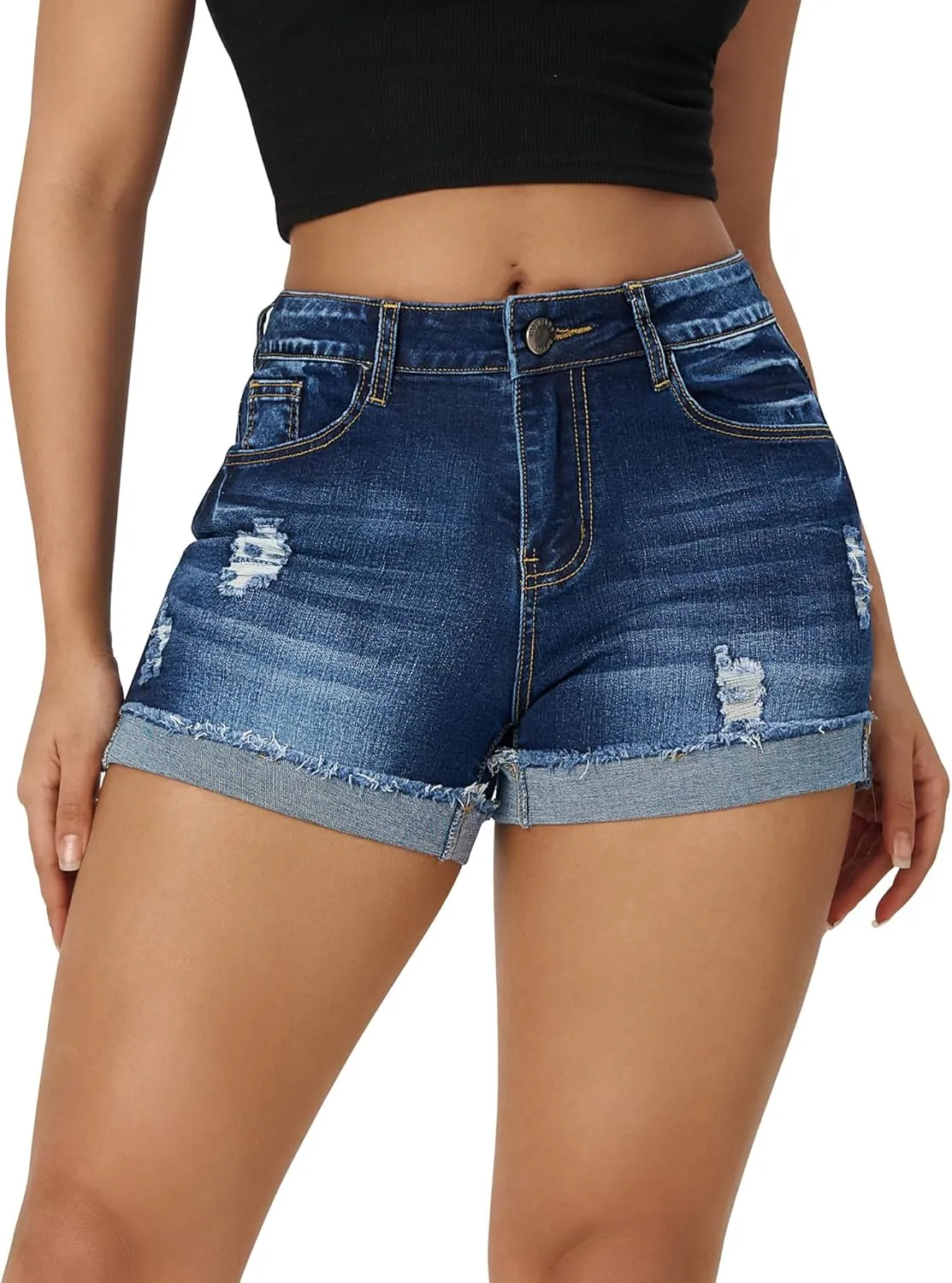 roswear Women's Ripped Mid Rise Stretchy Denim Jeans Shorts
