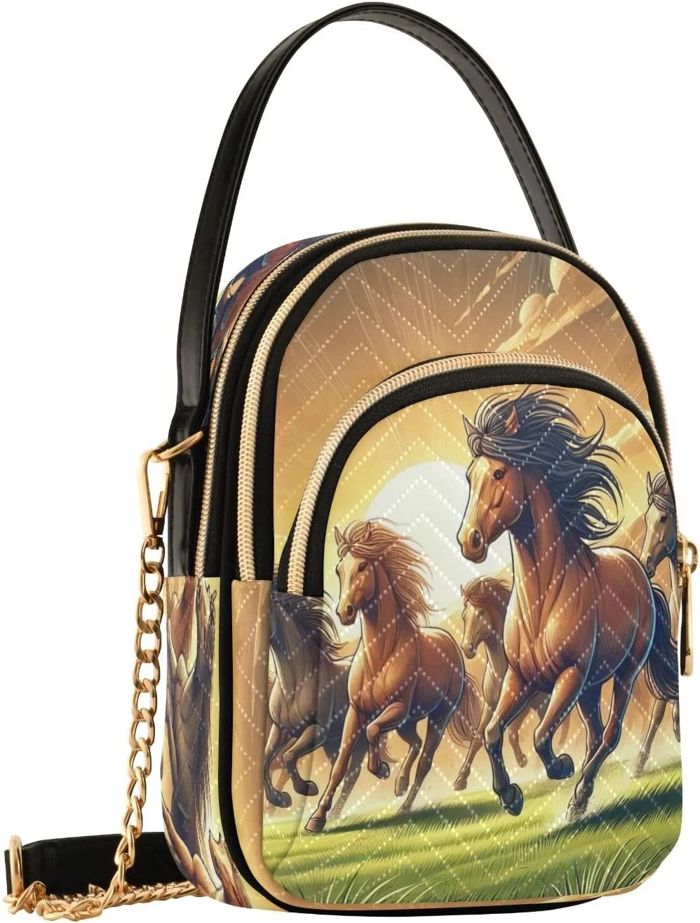 Running Horse Meadow Golden Crossbody Bags for Women Shouler Handbags Travel Sling Bag Fanny Pack Wallet Phone Mini Purse
