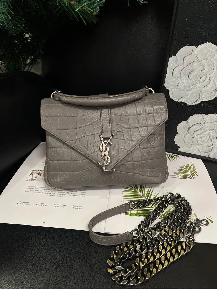 Saint Laurent Postman Crossbody Bag Crocodile Embossed Elephant Gray