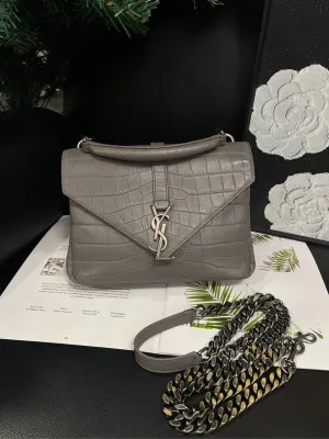 Saint Laurent Postman Crossbody Bag Crocodile Embossed Elephant Gray