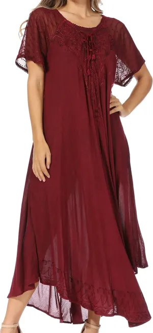 Sakkas Egan Long Embroidered Caftan Dress/Cover Up with Embroidered Cap Sleeves