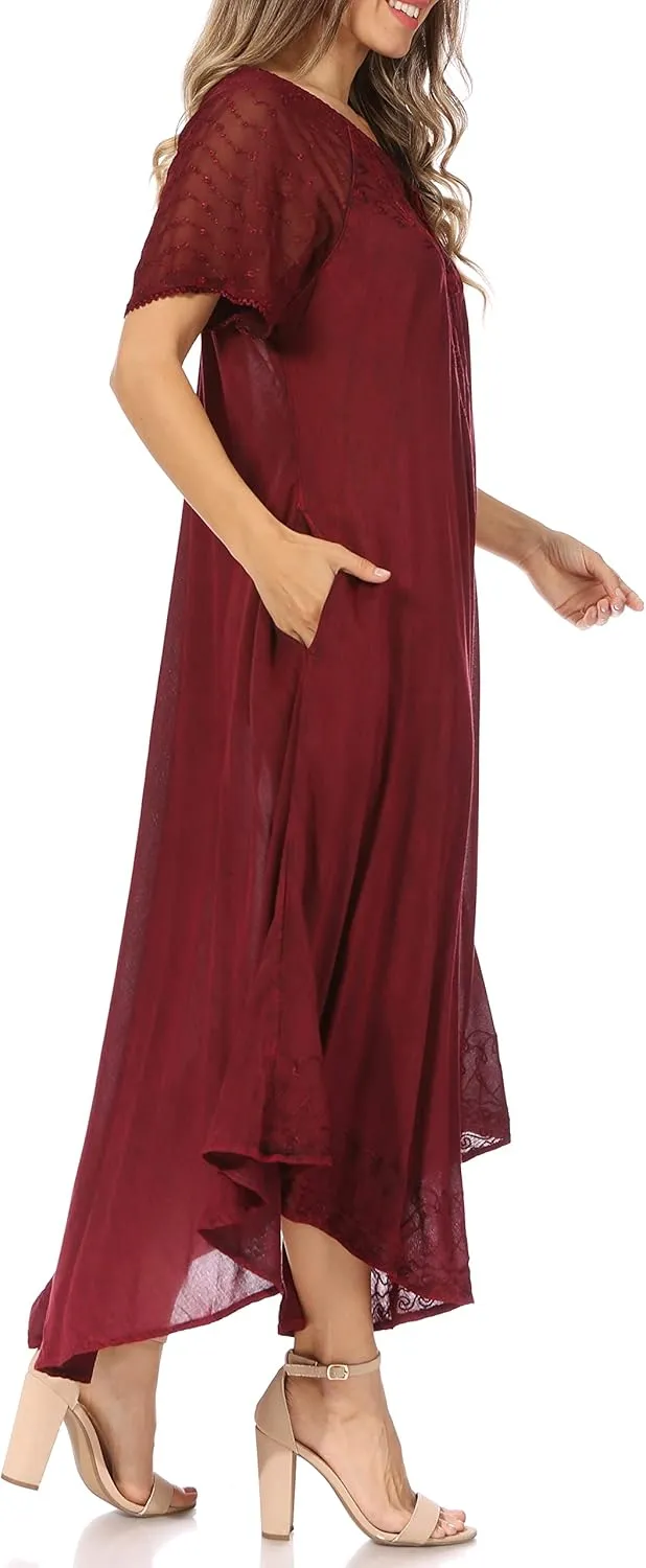 Sakkas Egan Long Embroidered Caftan Dress/Cover Up with Embroidered Cap Sleeves