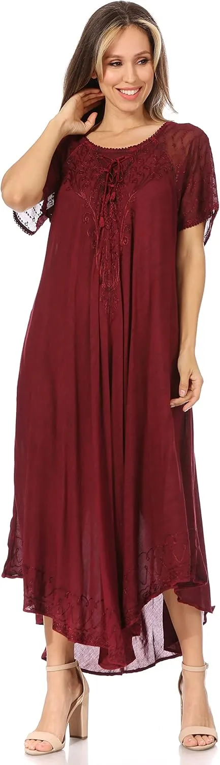 Sakkas Egan Long Embroidered Caftan Dress/Cover Up with Embroidered Cap Sleeves