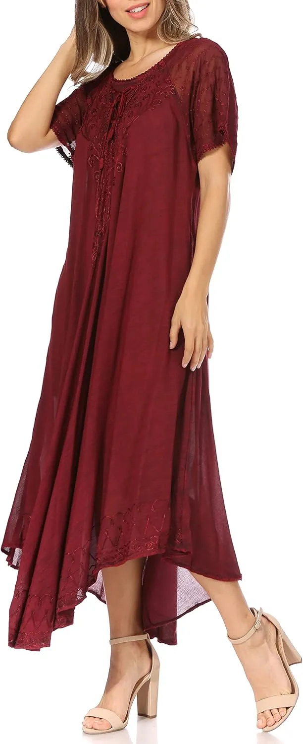 Sakkas Egan Long Embroidered Caftan Dress/Cover Up with Embroidered Cap Sleeves