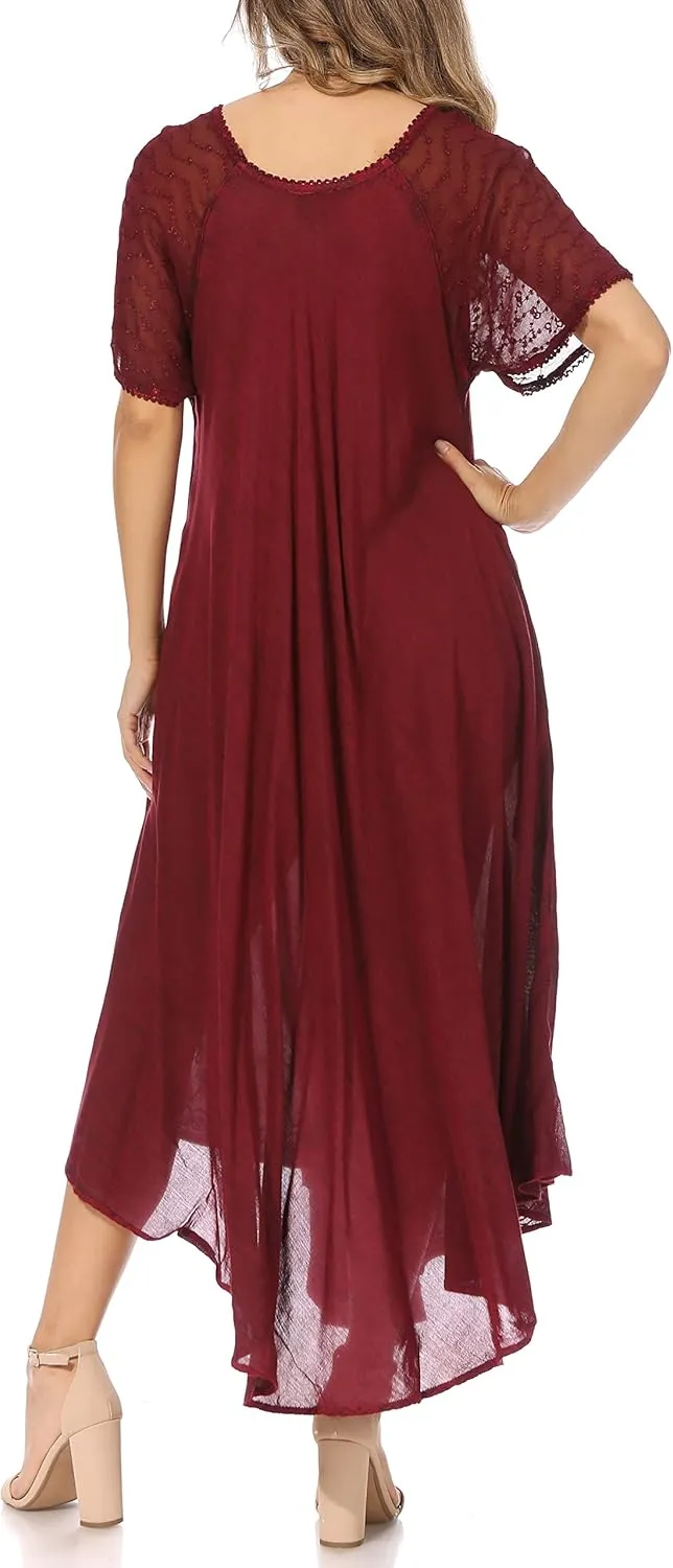 Sakkas Egan Long Embroidered Caftan Dress/Cover Up with Embroidered Cap Sleeves