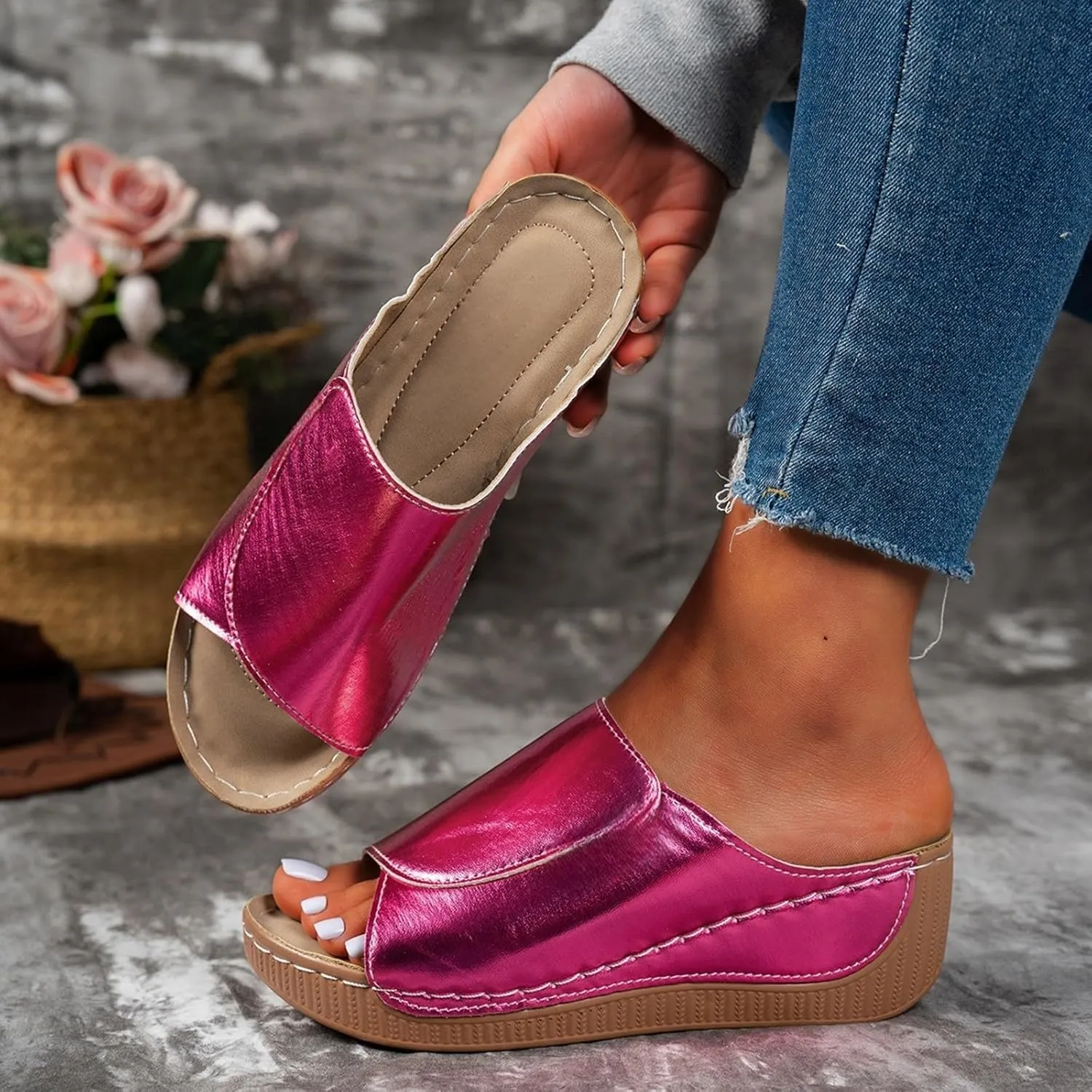 Sandals for Women 2025 Casual Width Wedge Sandals Summer Beach Vacation Breathable Orthopedic Walking Shoes Solid Color Trendy Dress Sandal Platform Slippers Shoes 2025