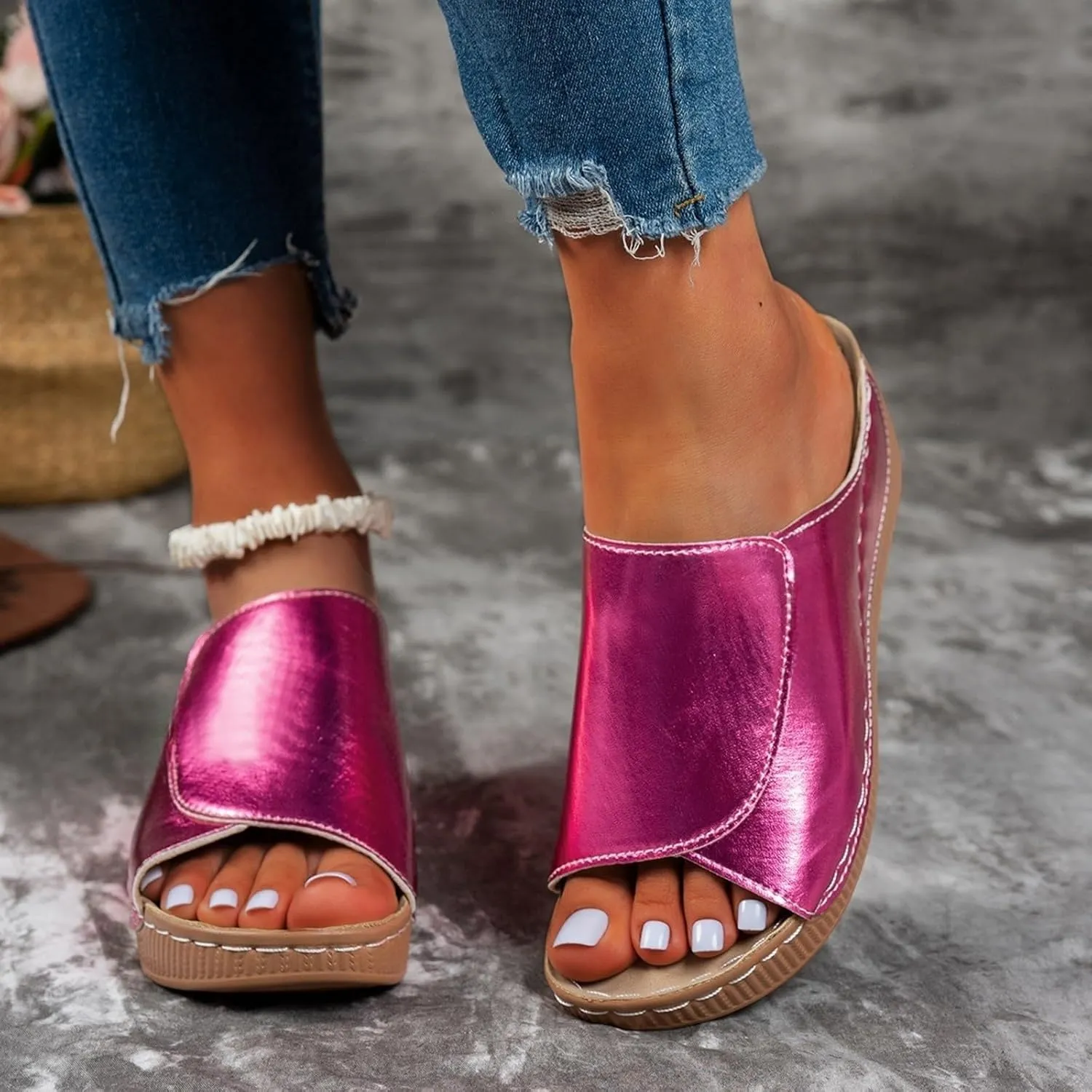 Sandals for Women 2025 Casual Width Wedge Sandals Summer Beach Vacation Breathable Orthopedic Walking Shoes Solid Color Trendy Dress Sandal Platform Slippers Shoes 2025