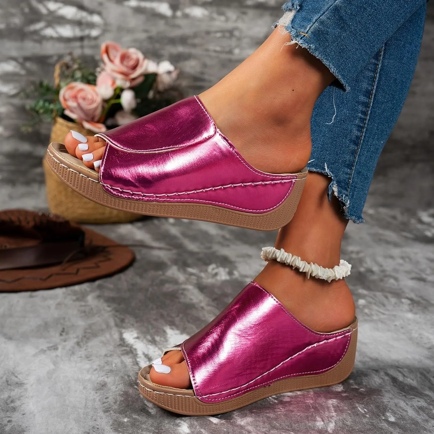 Sandals for Women 2025 Casual Width Wedge Sandals Summer Beach Vacation Breathable Orthopedic Walking Shoes Solid Color Trendy Dress Sandal Platform Slippers Shoes 2025