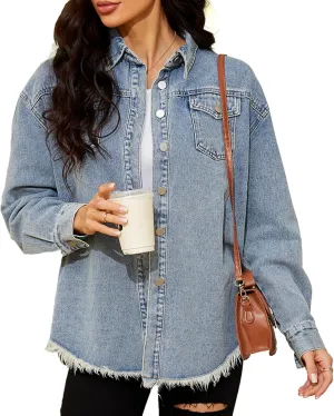 Saukiee Oversized Denim Jacket Distressed Boyfriend Jean Coat Jeans Trucker Jacket for Women Girls
