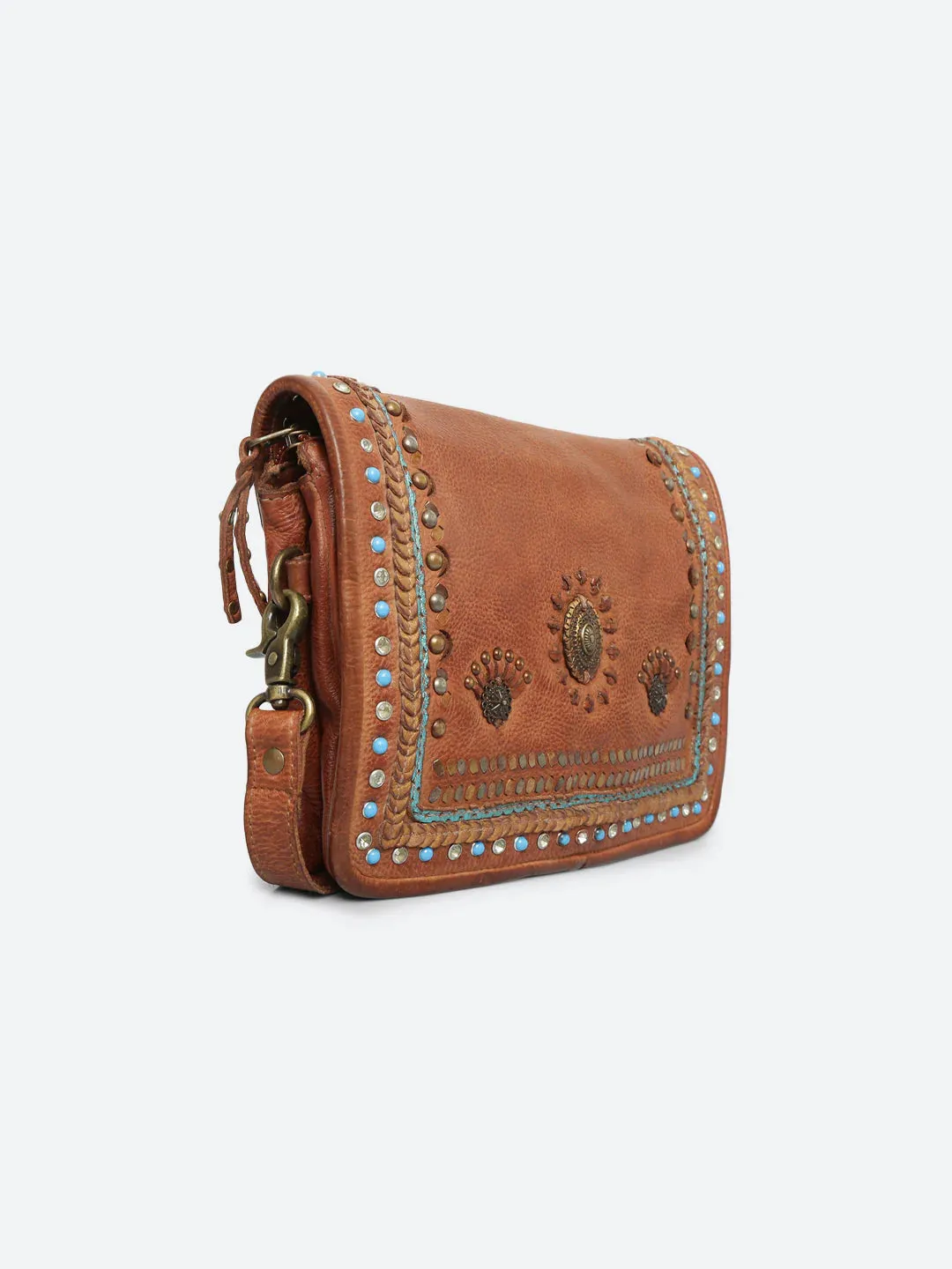 Savio: Leather Embellished Cognac Crossbody Flap Bag