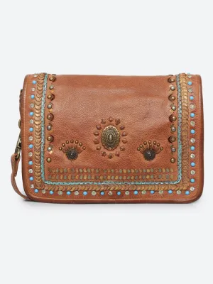 Savio: Leather Embellished Cognac Crossbody Flap Bag