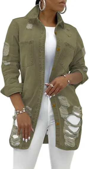 SeNight Women's Jean Jacket Long Sleeve Classic Distressed Fray Hem Tassels Denim Trucker Jackets