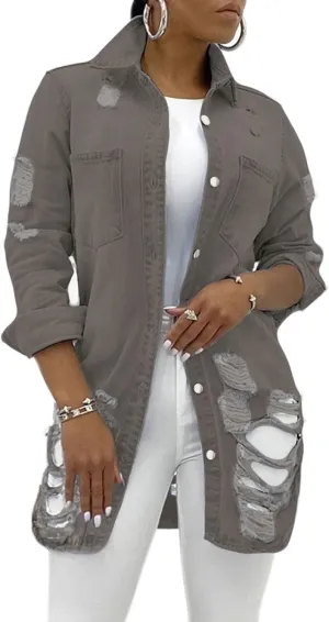 SeNight Women's Jean Jacket Long Sleeve Classic Distressed Fray Hem Tassels Denim Trucker Jackets