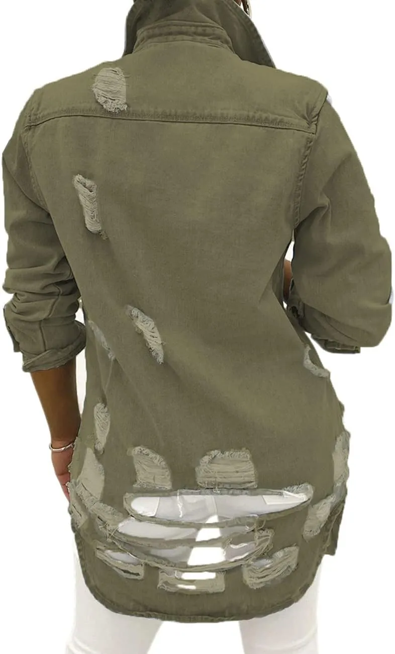 SeNight Women's Jean Jacket Long Sleeve Classic Distressed Fray Hem Tassels Denim Trucker Jackets