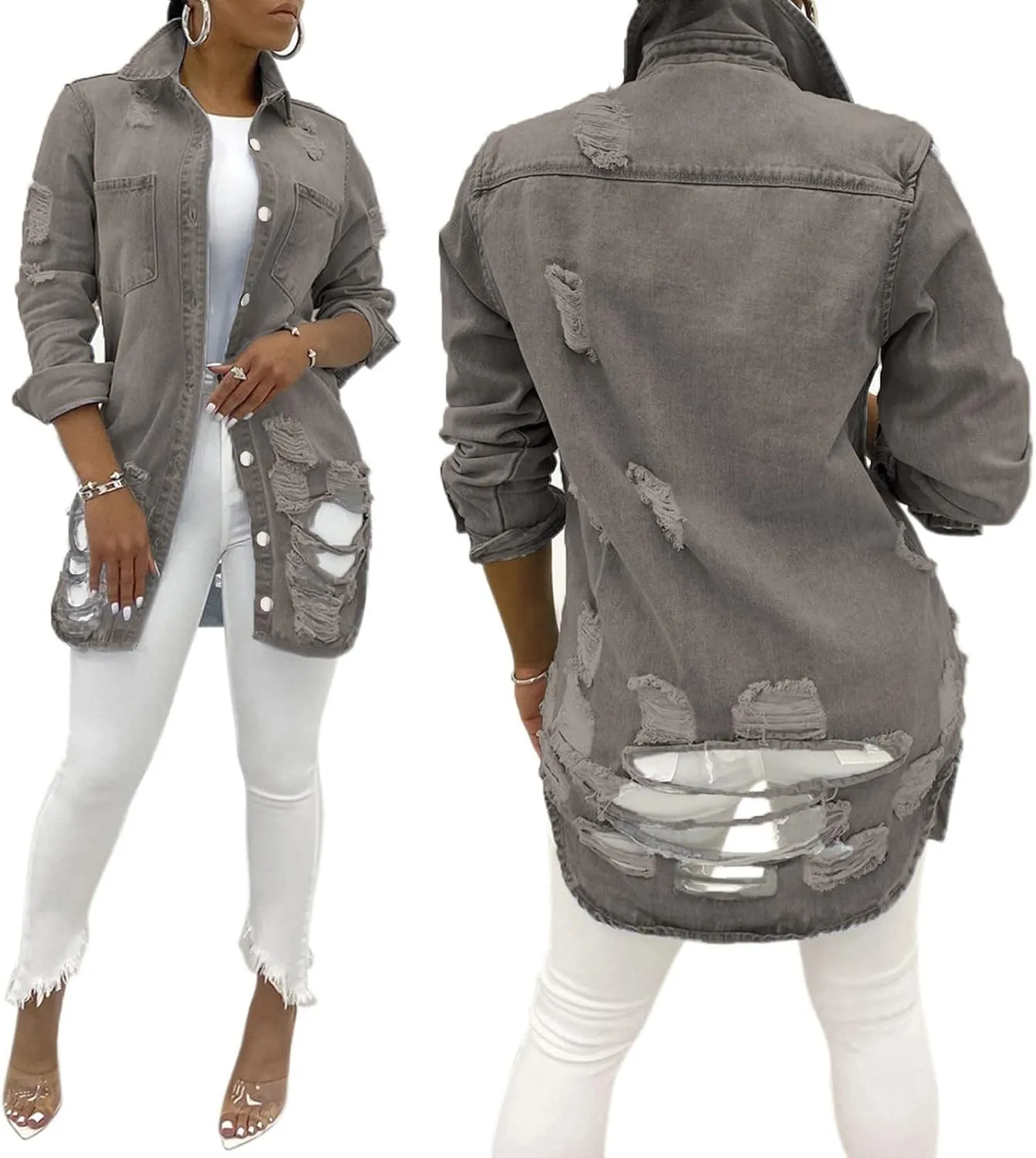 SeNight Women's Jean Jacket Long Sleeve Classic Distressed Fray Hem Tassels Denim Trucker Jackets