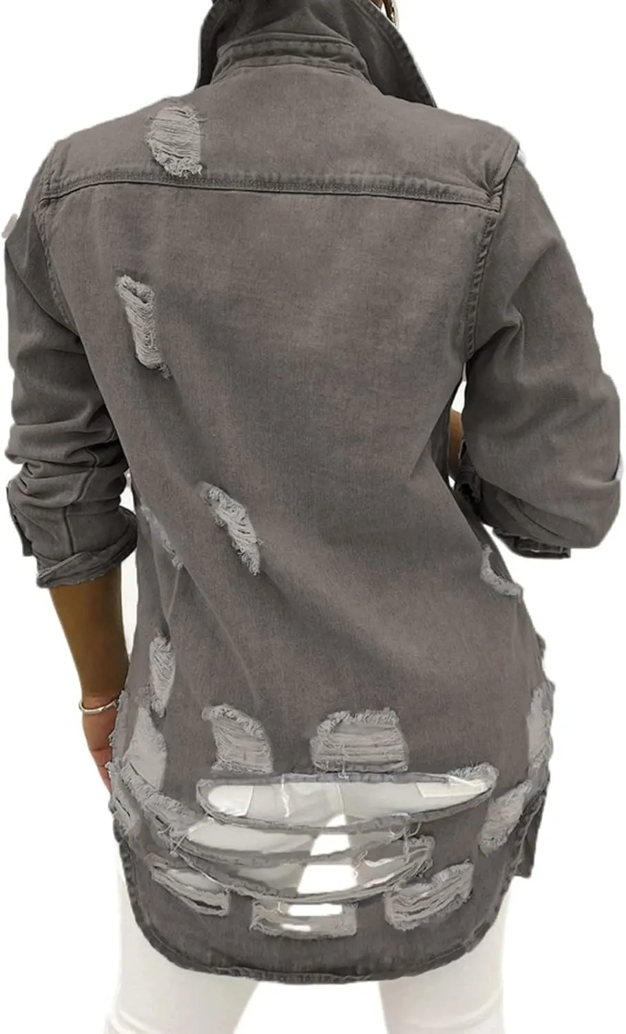 SeNight Women's Jean Jacket Long Sleeve Classic Distressed Fray Hem Tassels Denim Trucker Jackets