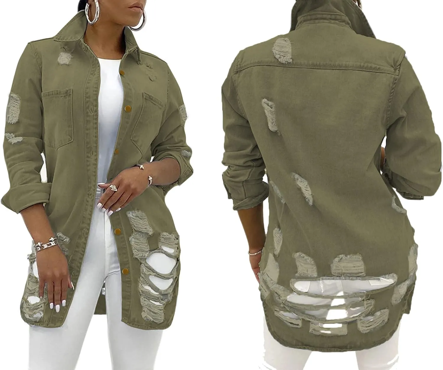 SeNight Women's Jean Jacket Long Sleeve Classic Distressed Fray Hem Tassels Denim Trucker Jackets