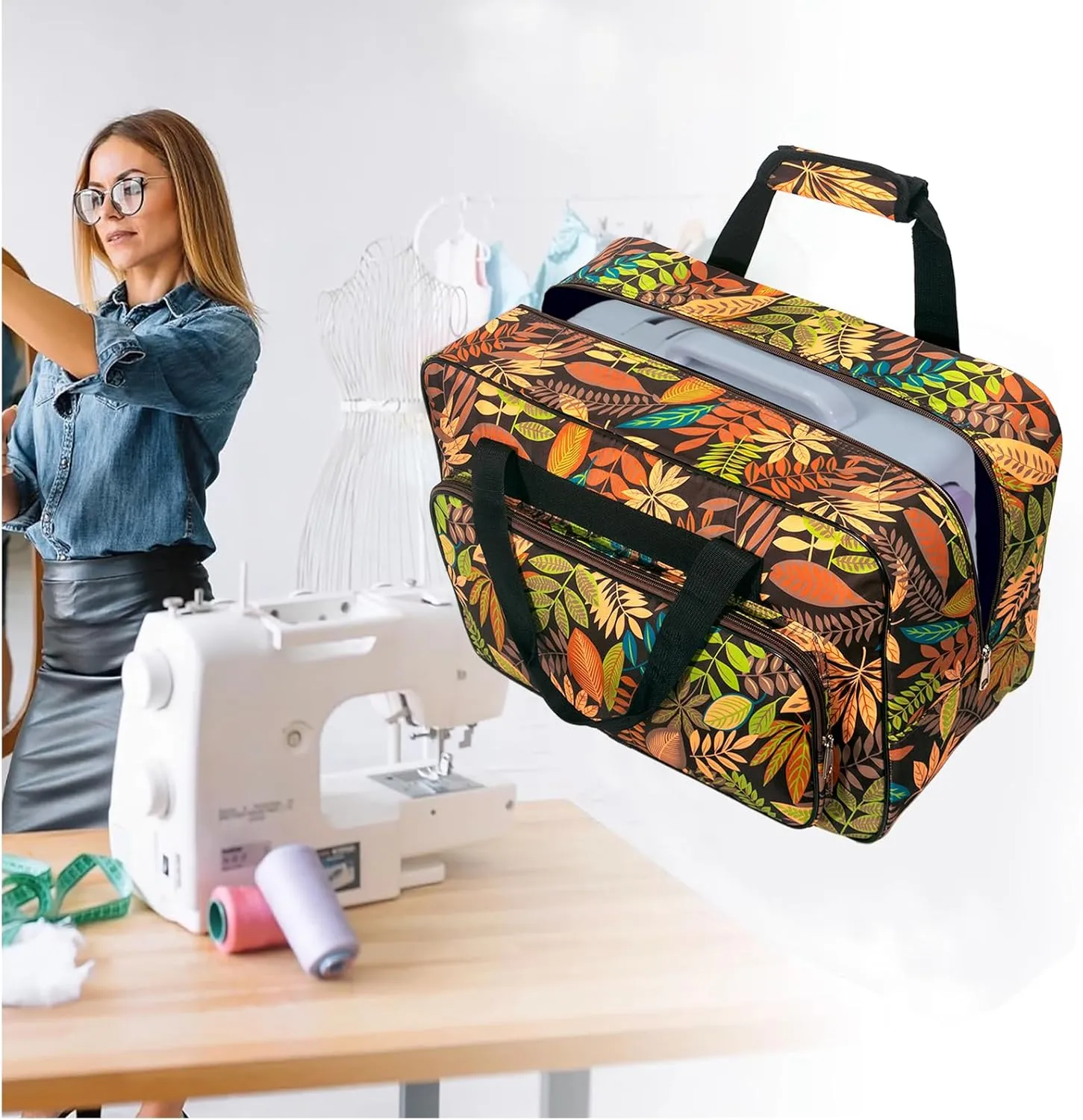 Sewing Machine Carrying Case，Sewing Machine Carrying Case Tote Bag，Universal Tote Storage Bag with Pockets and Handles, Suitable for Most Standard Singer, Janome (Brown)