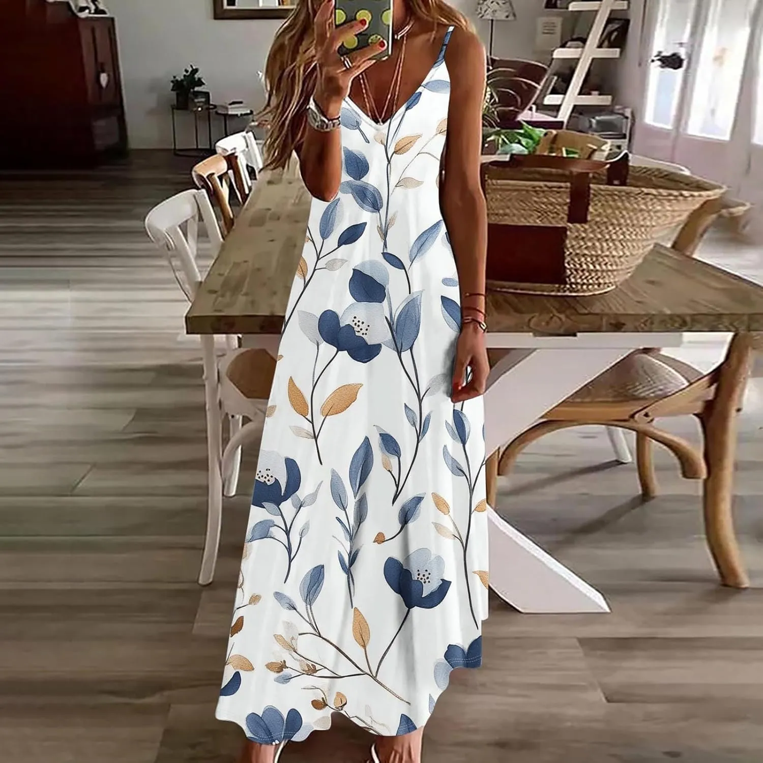 Sexy Dresses for Women V-Neck Spaghetti Strap Sleeveless Boho Sundress Summer Ruched Maxi Wedding Guest Dress