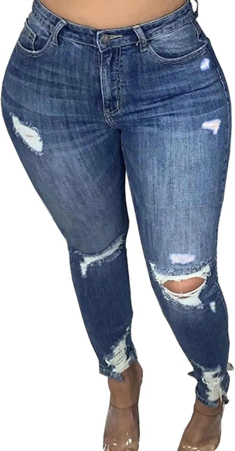 Sexyshine Women's High Waisted Skinny Destroyed Ripped Hole Denim Pants Long Stretch Pencil Jeans