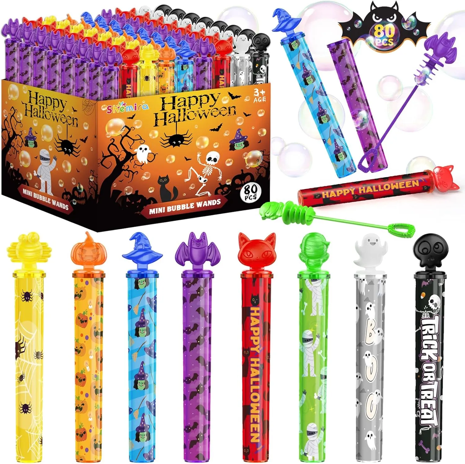 Shemira 80pcs Halloween Bubble Wands, Halloween Party Favors for Kids, Halloween Goodie Bags Fillers, Halloween Trick Or Treating Toys Bulk, Halloween Gifts for Kids, Halloween Miniatures Prizes
