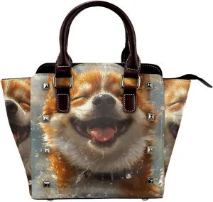 Shiba-Inu-Joy Pu Leather Crossbody Studded Bag, Fashionable Shoulder Handbag With Detachable Shoulder Strap