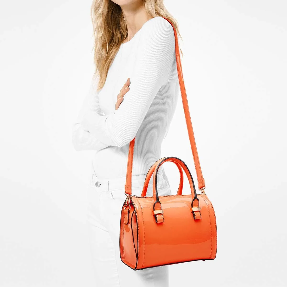 Shiny Patent Faux Leather Handbags Barrel Top Handle Purse Satchel Bag Shoulder Bag for Women
