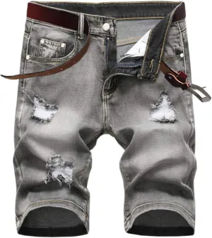 SHOOYING Men's Casual Denim Ripped Shorts