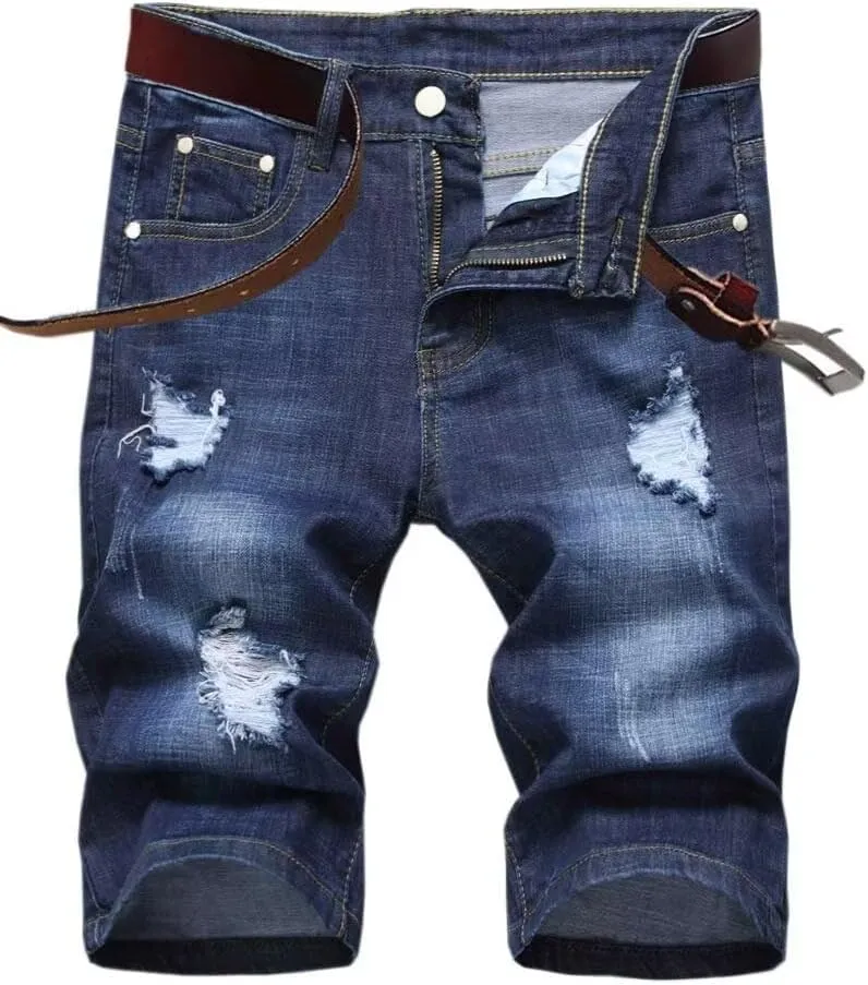 SHOOYING Men's Casual Denim Ripped Shorts