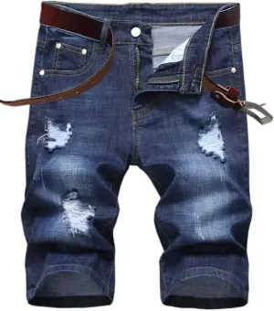 SHOOYING Men's Casual Denim Ripped Shorts