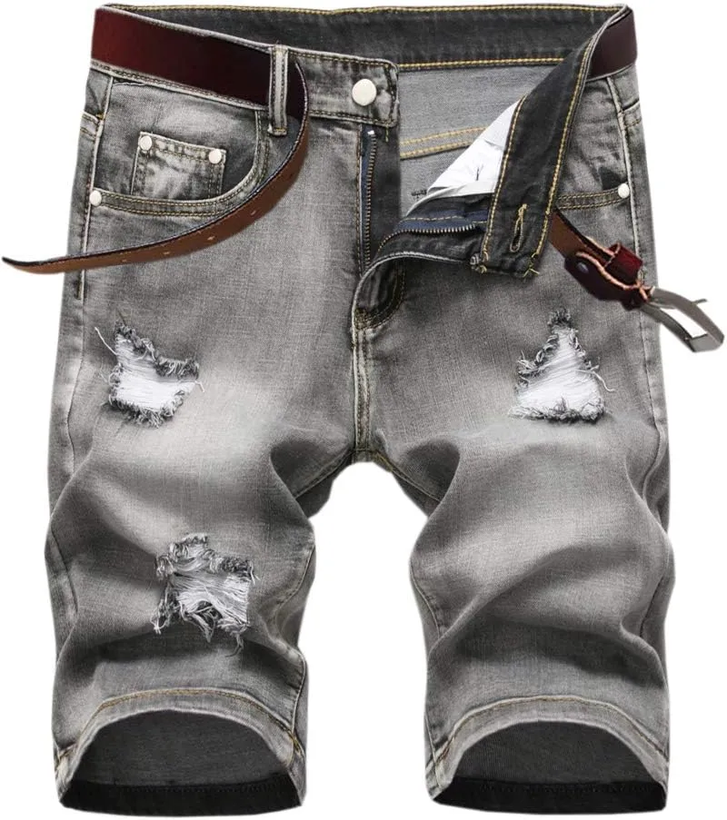SHOOYING Men's Casual Denim Ripped Shorts