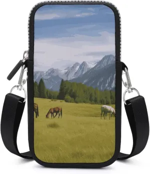 Shoulder Bag for Women Cell Phone Purses Mountain Pasture Grazing Horses Printed Crossbody