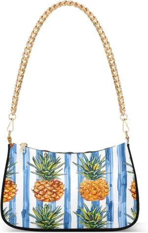 Shoulder Bags for Women Dozens Of Beautiful Vector Art Mini Hand-painted Vertically Upside-down Pineapples on Blue and White Hobo Tote Handbag Small Clutch Purse with Zipper Closure