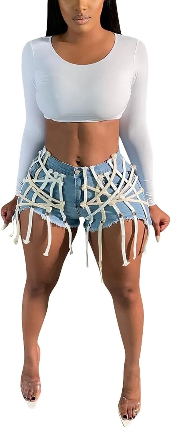 SIAEAMRG Jean Shorts for Women Juniors, Summer High Waisted Stretchy Frayed Raw Hem Tassels Denim Shorts