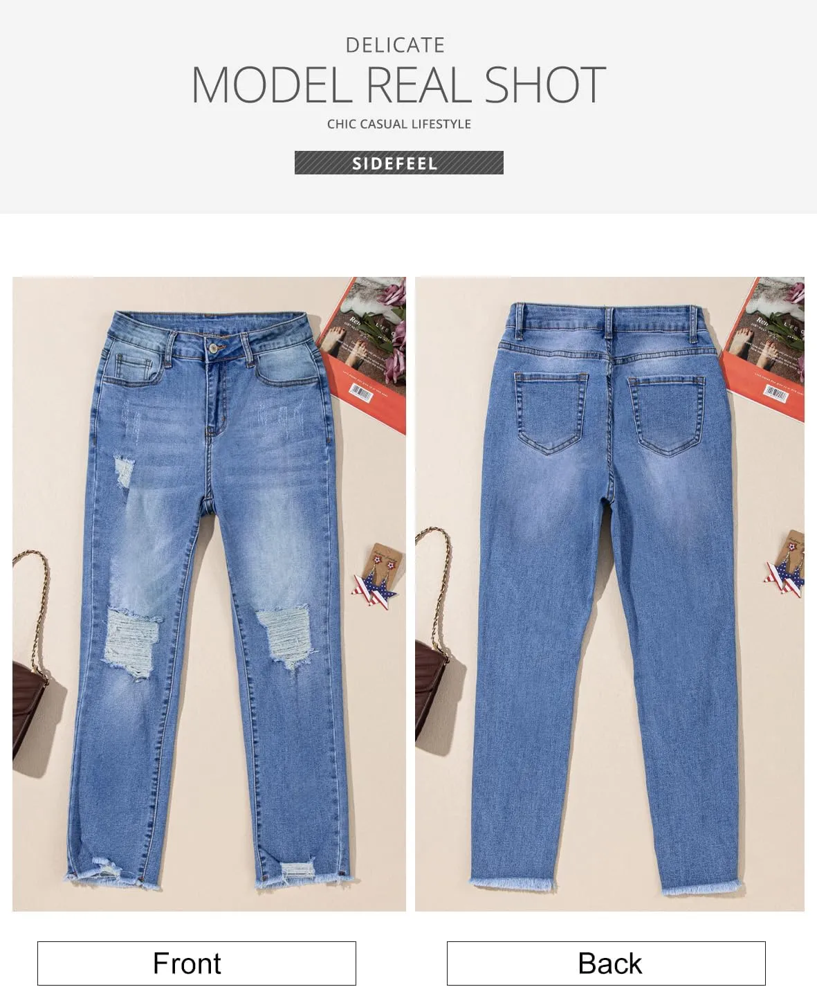 Sidefeel Women's Boyfriend Jeans Stretchy Ripped Distressed Zimbaplatinum Denim Pants Size 4-18