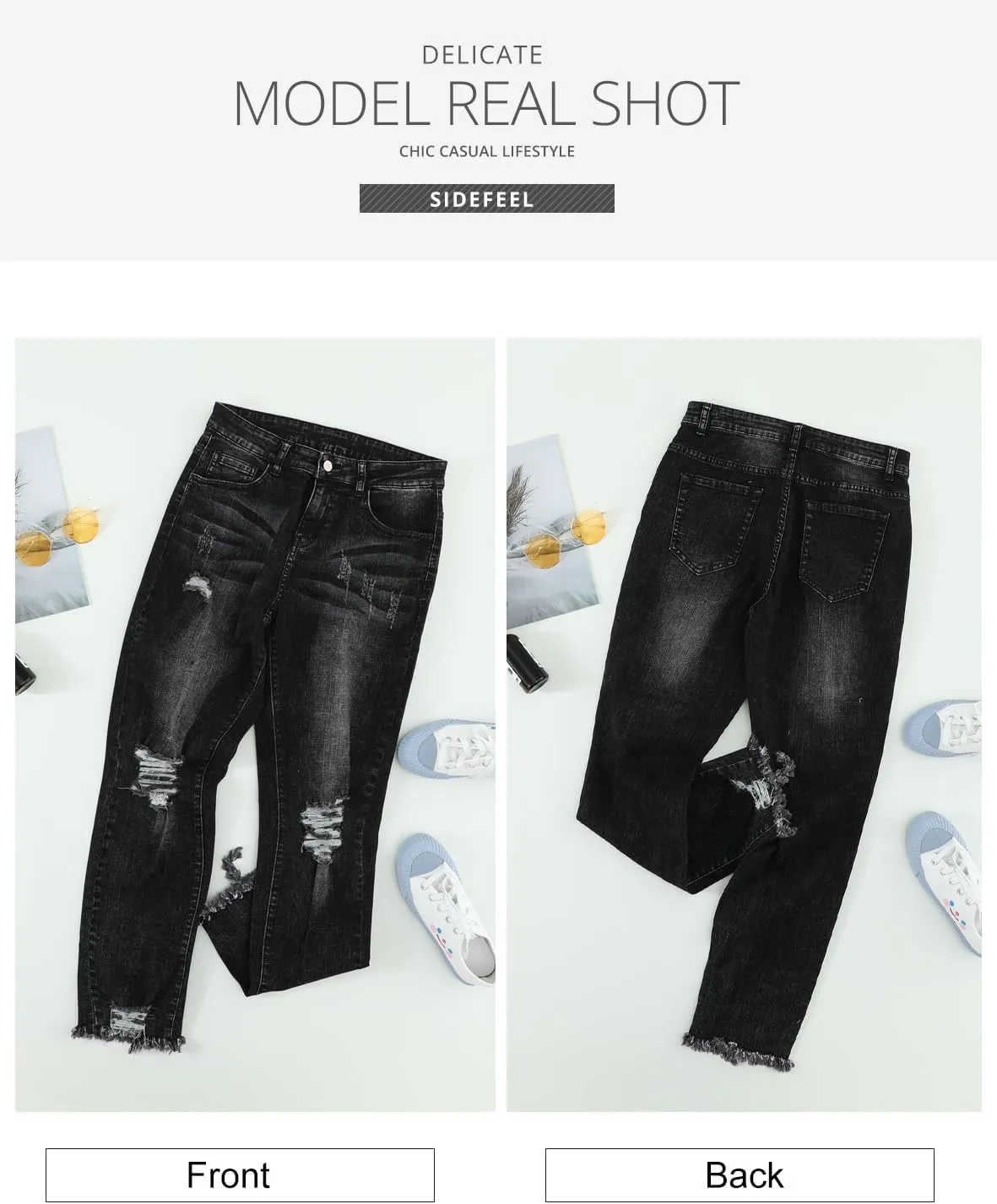 Sidefeel Women's Boyfriend Jeans Stretchy Ripped Distressed Zimbaplatinum Denim Pants Size 4-18