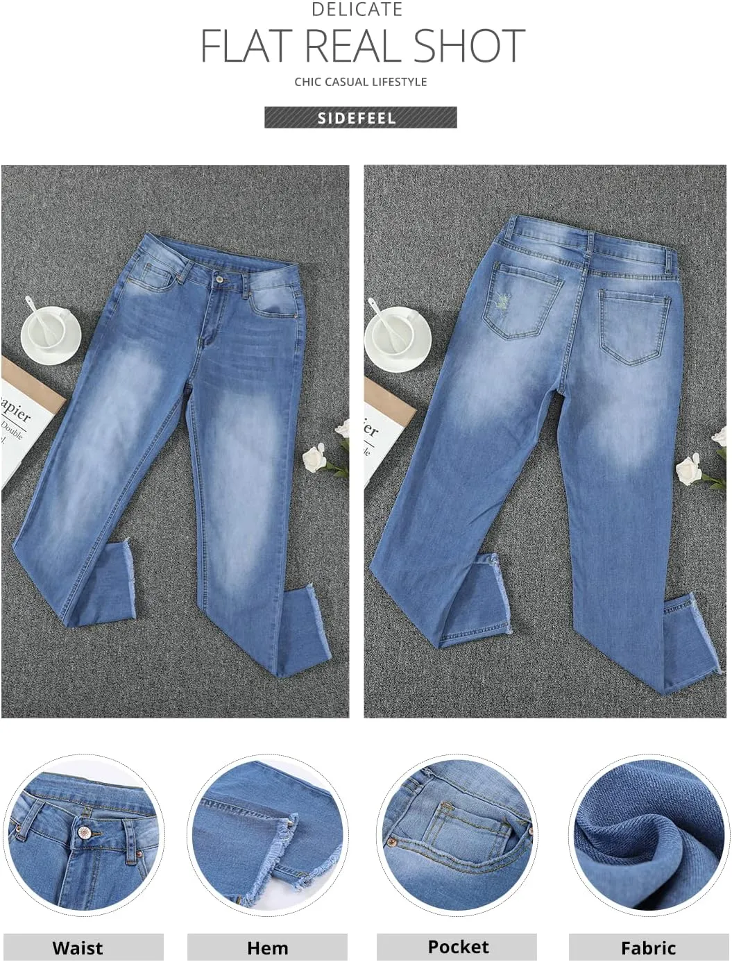Sidefeel Women's Boyfriend Jeans Stretchy Ripped Distressed Zimbaplatinum Denim Pants Size 4-18
