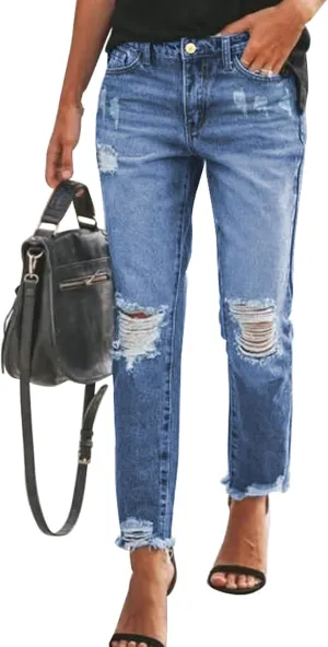 Sidefeel Women's Boyfriend Jeans Stretchy Ripped Distressed Zimbaplatinum Denim Pants Size 4-18