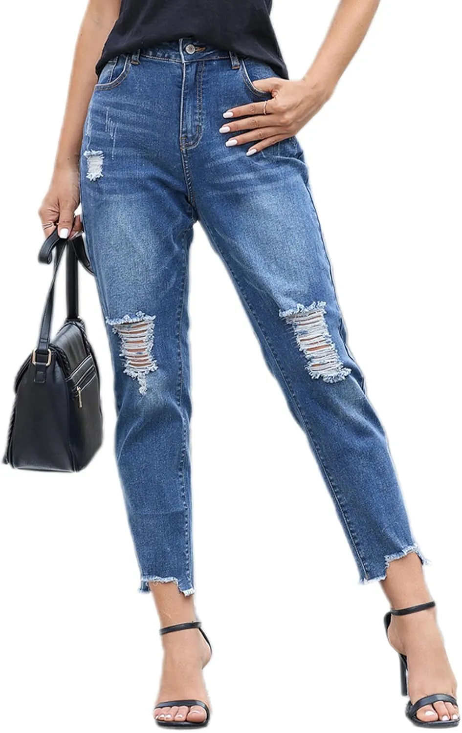 Sidefeel Women's Boyfriend Jeans Stretchy Ripped Distressed Zimbaplatinum Denim Pants Size 4-18