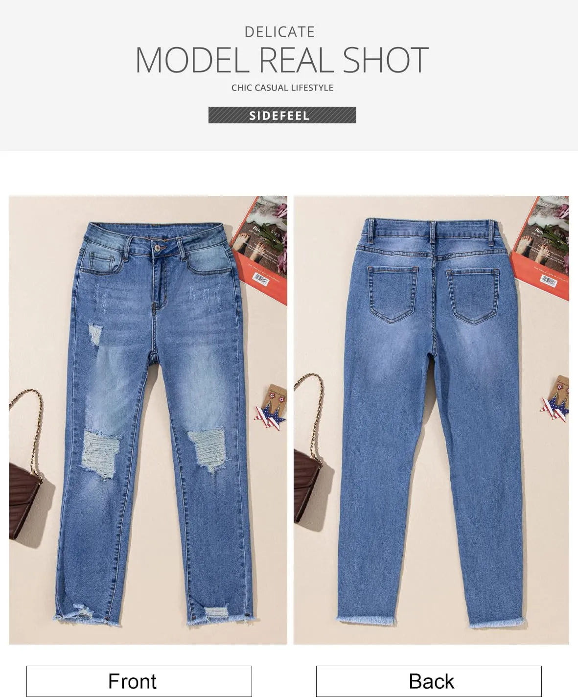 Sidefeel Women's Boyfriend Jeans Stretchy Ripped Distressed Zimbaplatinum Denim Pants Size 4-18
