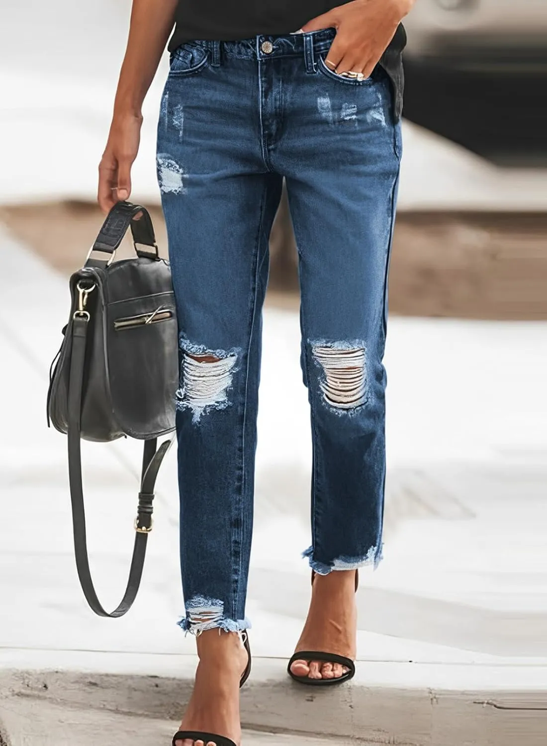 Sidefeel Women's Boyfriend Jeans Stretchy Ripped Distressed Zimbaplatinum Denim Pants Size 4-18