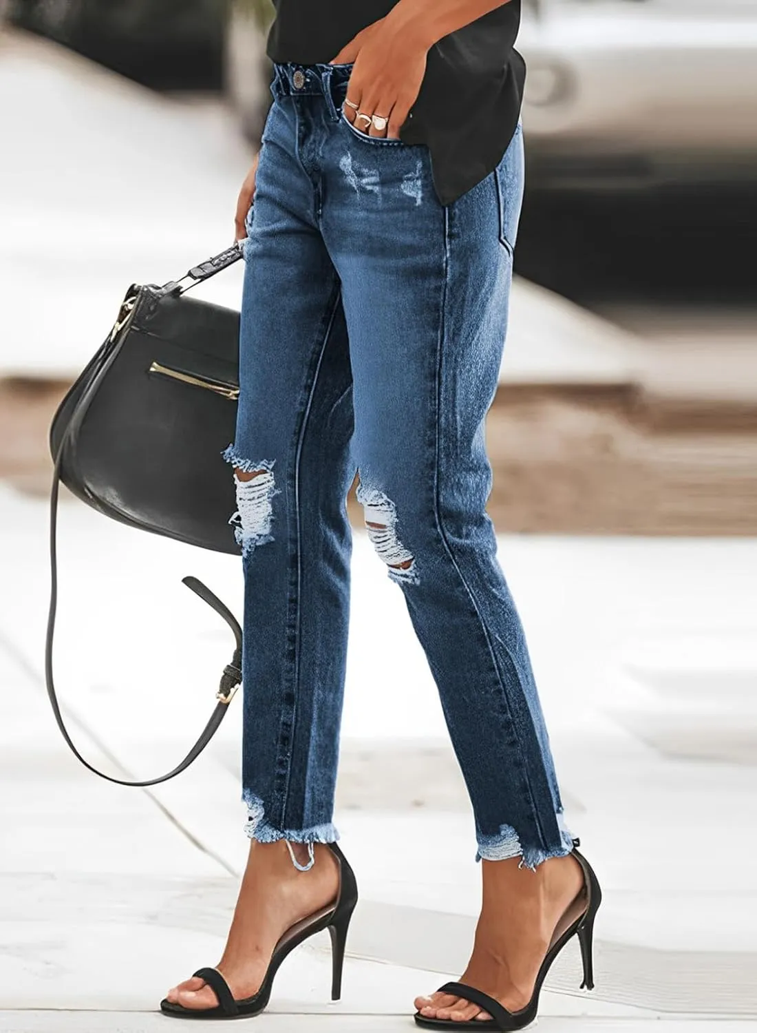 Sidefeel Women's Boyfriend Jeans Stretchy Ripped Distressed Zimbaplatinum Denim Pants Size 4-18