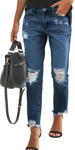 Sidefeel Women's Boyfriend Jeans Stretchy Ripped Distressed Zimbaplatinum Denim Pants Size 4-18