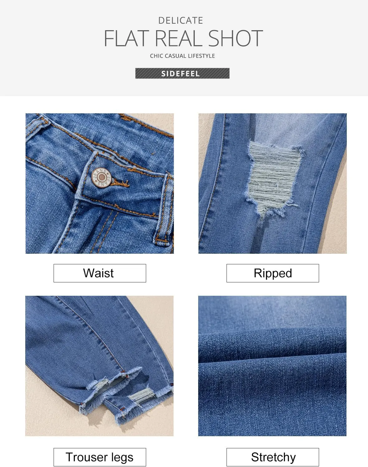 Sidefeel Women's Boyfriend Jeans Stretchy Ripped Distressed Zimbaplatinum Denim Pants Size 4-18