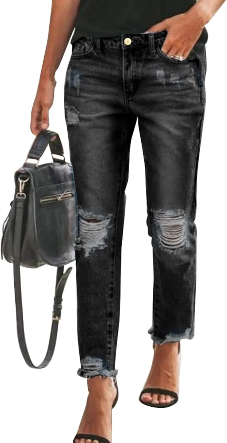 Sidefeel Women's Boyfriend Jeans Stretchy Ripped Distressed Zimbaplatinum Denim Pants Size 4-18