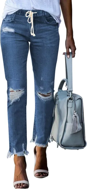 Sidefeel Women’s Cargo Jeans High Waisted Ripped Denim Joggers Elastic Drawstring Waist Pants Pull On Trousers