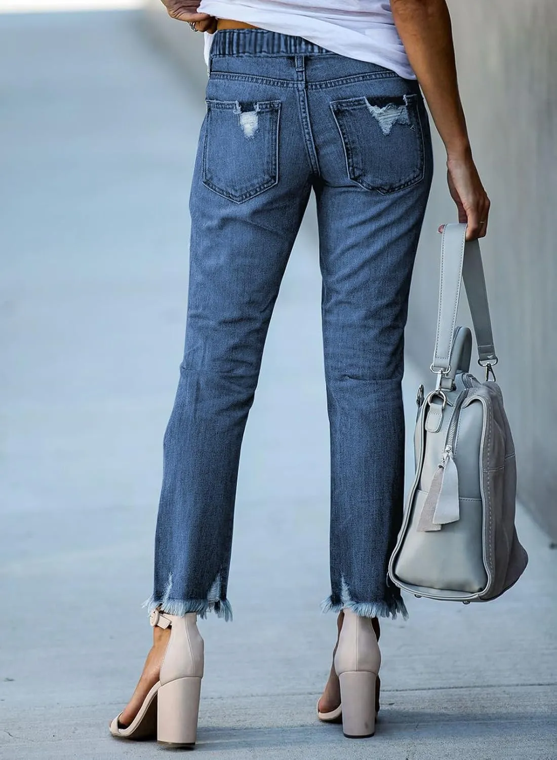 Sidefeel Women’s Cargo Jeans High Waisted Ripped Denim Joggers Elastic Drawstring Waist Pants Pull On Trousers